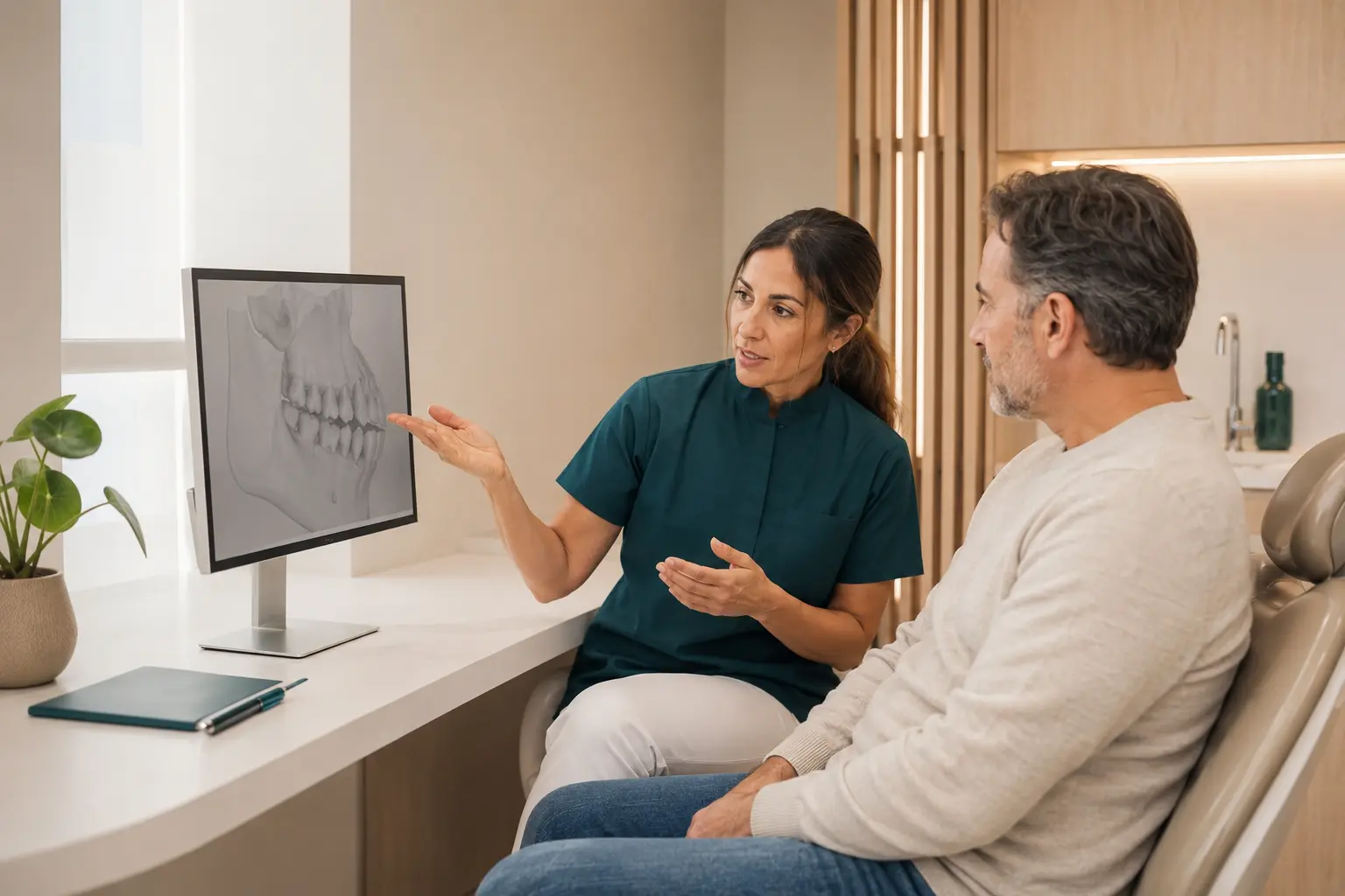 Profesional explicando un estudio dental a una paciente en pantalla