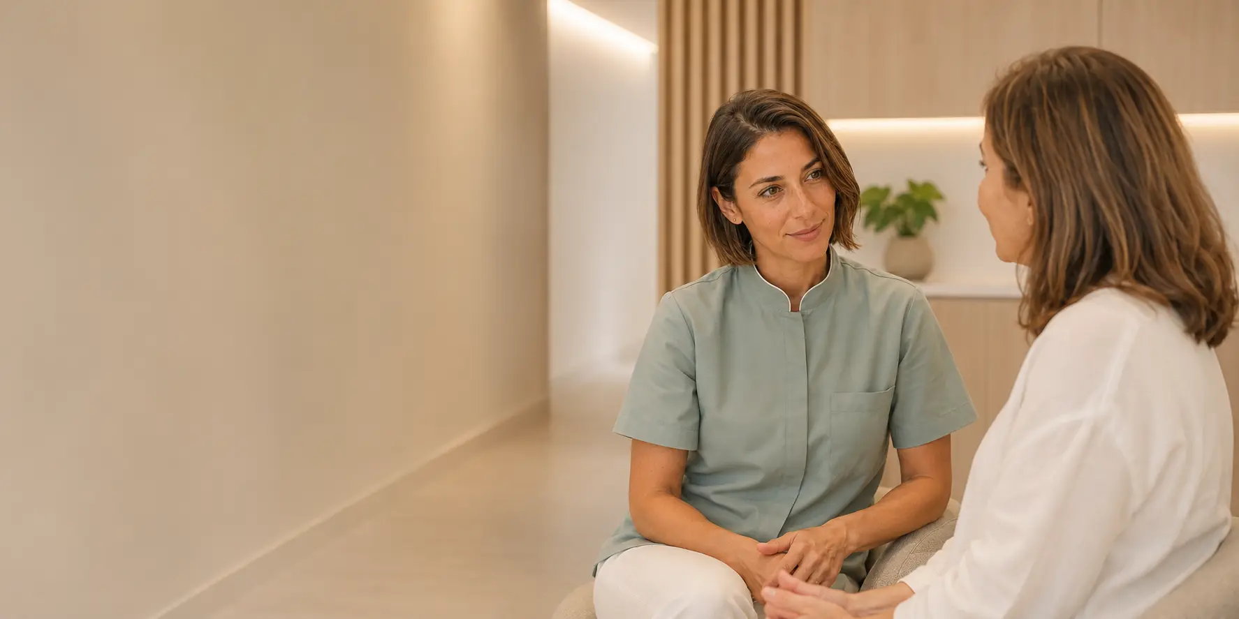 Paciente conversando con una profesional antes de una valoraci&oacute;n dental